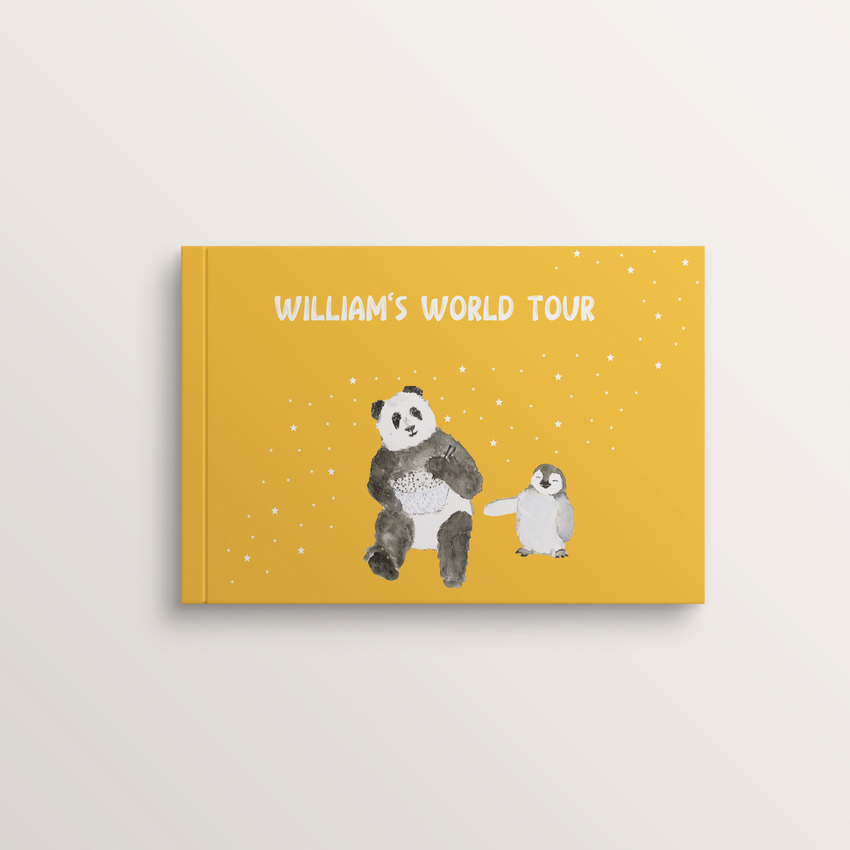 Illustration of the English edition of the personalized book “Le Tour du Monde” representing a panda – Zebrabook