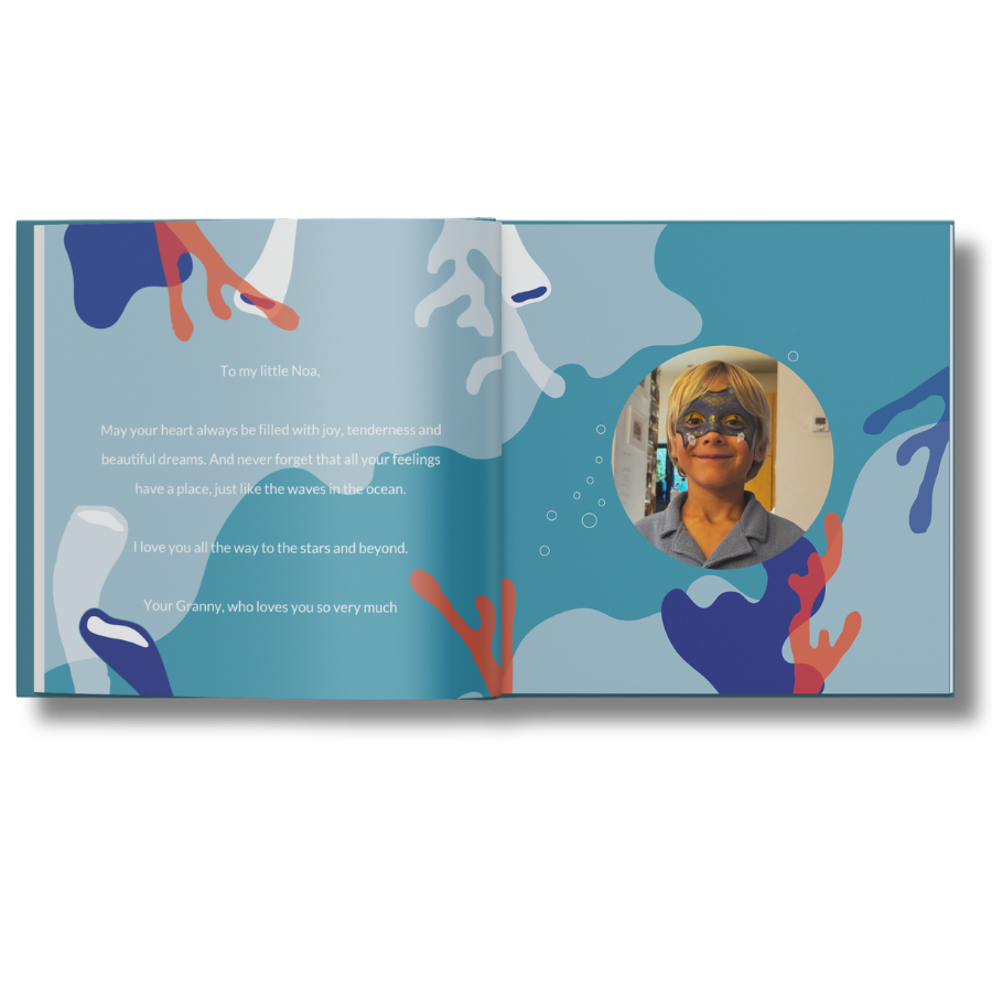 Dédicace personnalisée d'une mamie à Noa dans le livre illustré L'Océan des sentiments de Zebrabook