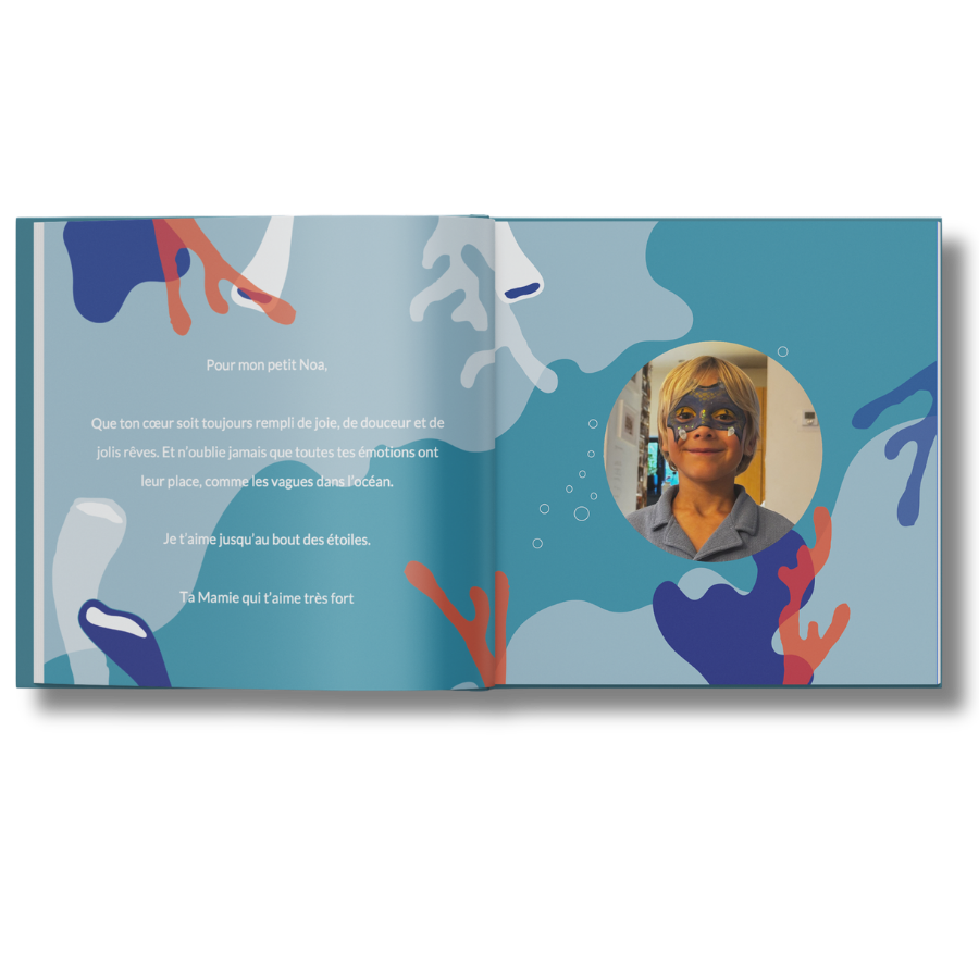Dédicace personnalisée de la mamie à Noa dans le livre illustré L'Océan des sentiments de Zebrabook