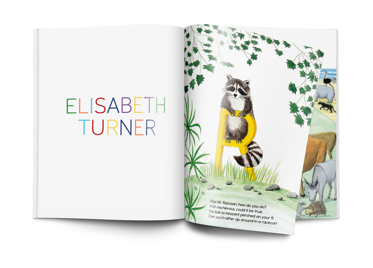 Livre des animaux personnalisé Zebrabook ouvert sur des pages illustrées autour des lettres du prénom