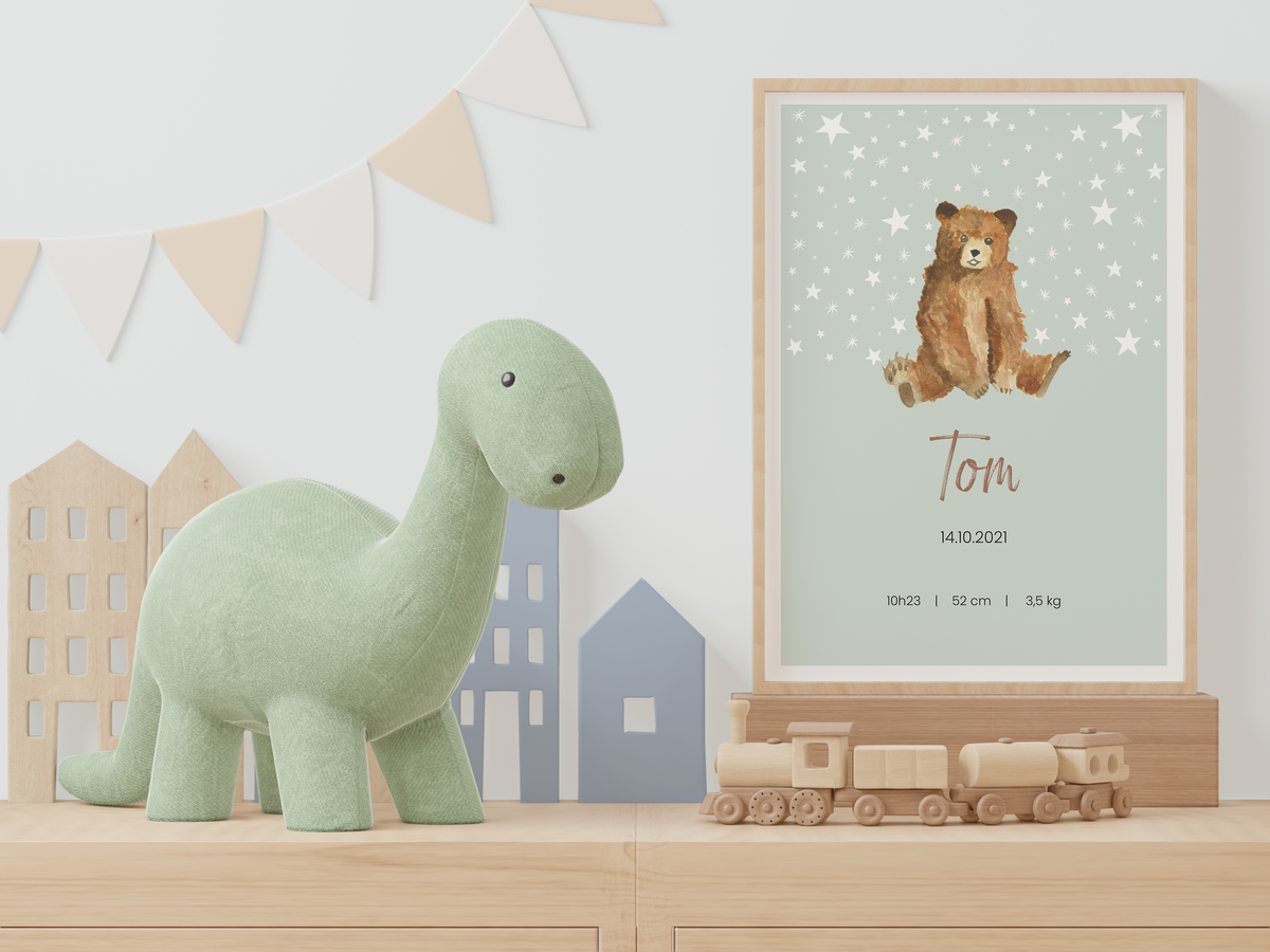 Personalized baby poster with first name – bear illustration – Zebrabook