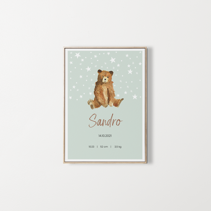 Poster personalizzato con nome del bambino – illustrazione di orso – Zebrabook