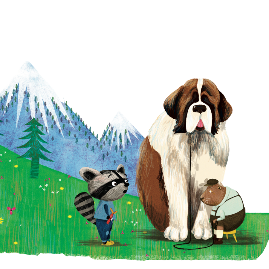 Illustration du Tour d'Europe de Zebrabook : un saint-bernard avec un raton laveur devant les montagnes suisses